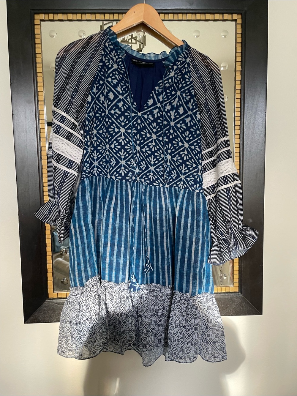 Anthropologie Blue Patterned V-Neck Tiered Mini Dress - Picture 2 of 3